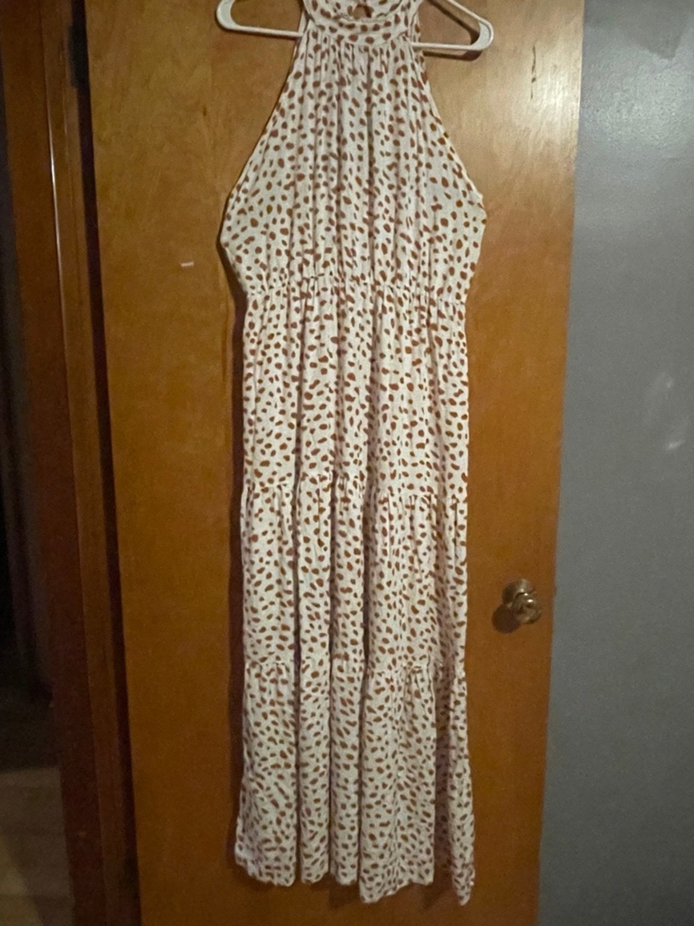 Sleeveless White Maxi Dress with Brown Spot Print